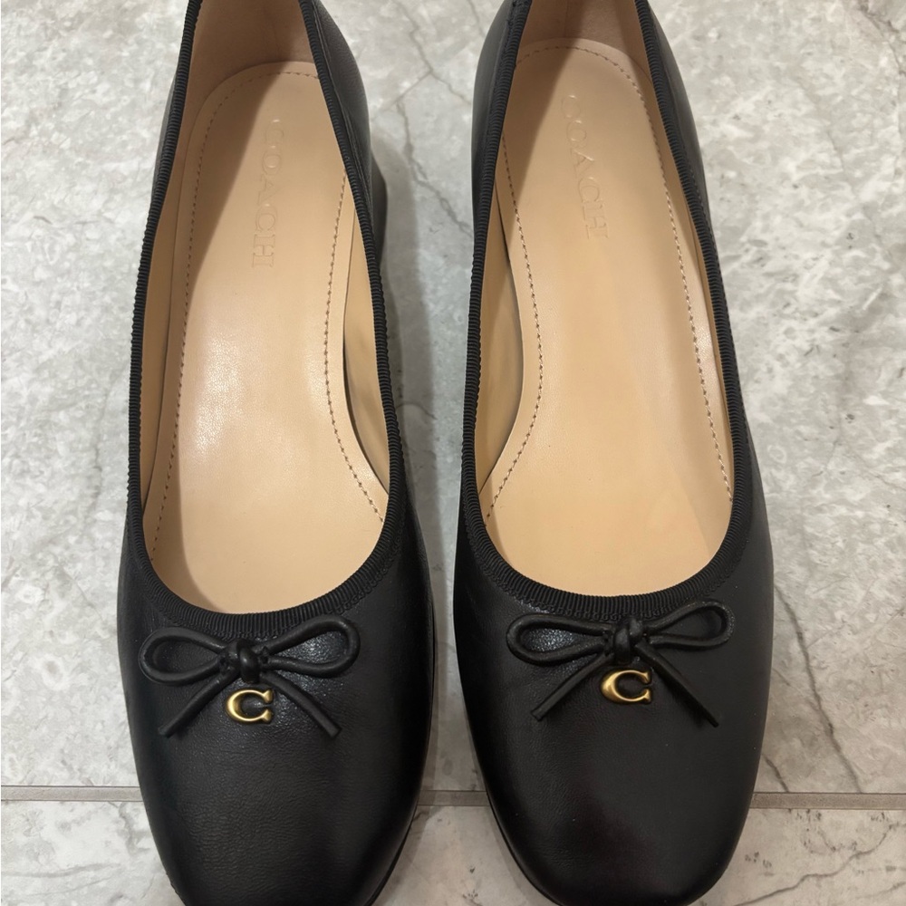 Coach Black Leather Flats with Gold Accent